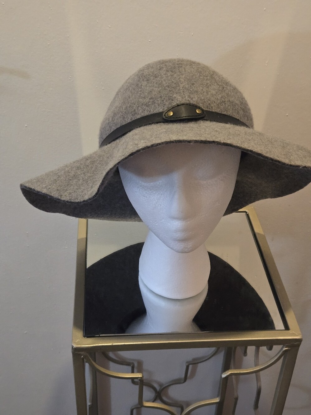 D&Y 100% Wool Felt Floppy Hat Gray Wide Brim Boho Fedora Leather Band Studs